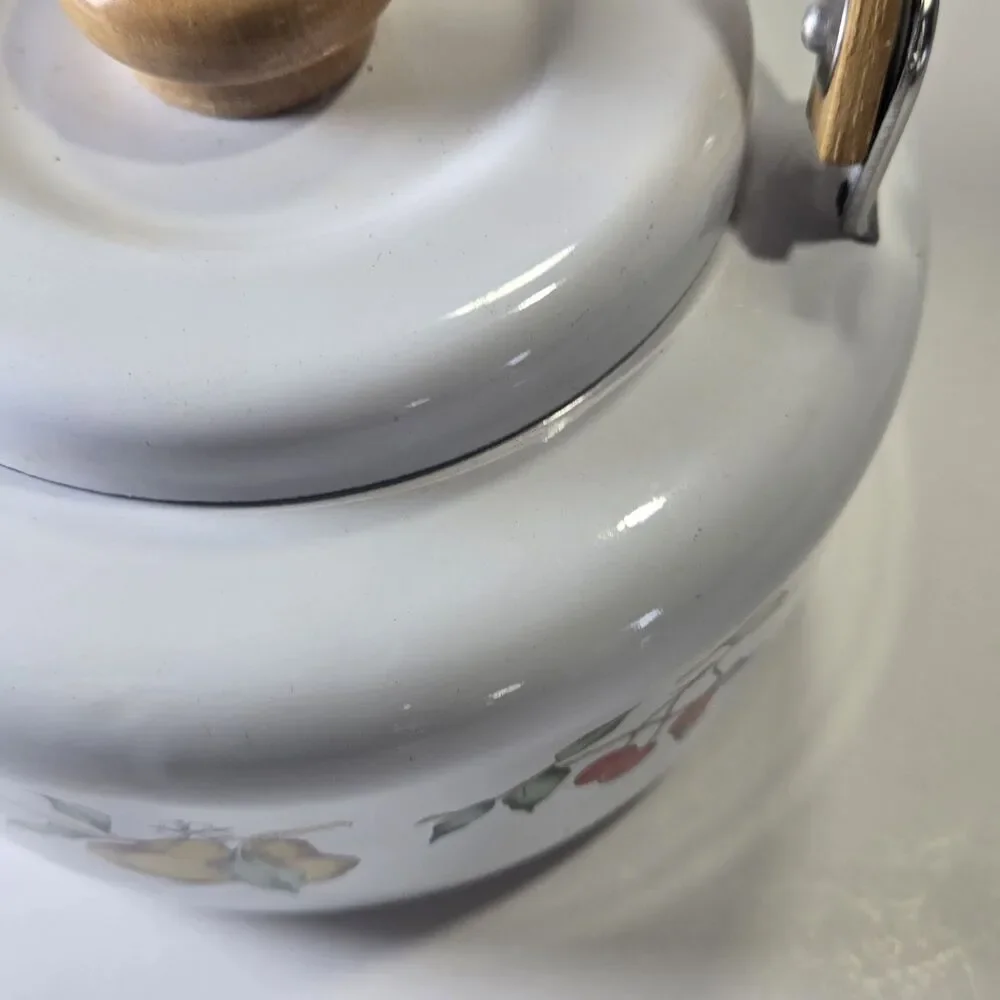 Vtg Tabletops Unlimited DULCIE Enamel Tea Kettle Fruit Pattern Wood Handle 2.3qt